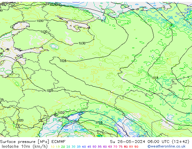 Isotachs (kph) ECMWF Вс 26.05.2024 06 UTC