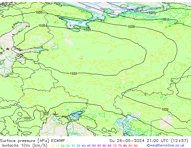 Izotacha (km/godz) ECMWF nie. 26.05.2024 21 UTC