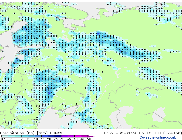 Totale neerslag (6h) ECMWF vr 31.05.2024 12 UTC