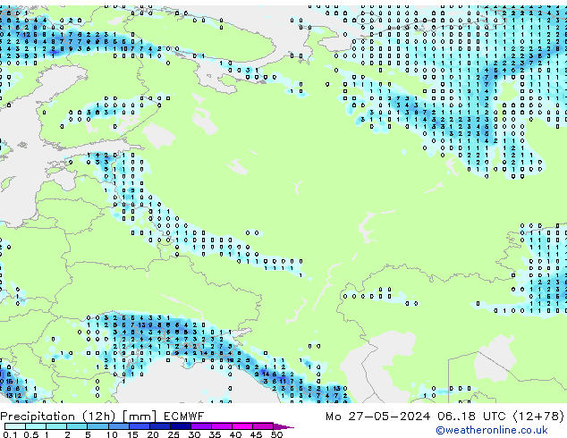 Totale neerslag (12h) ECMWF ma 27.05.2024 18 UTC