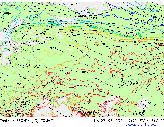 Theta-e 850гПа ECMWF пн 03.06.2024 12 UTC