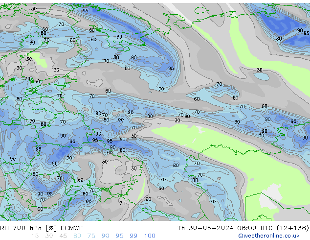 Humidité rel. 700 hPa ECMWF jeu 30.05.2024 06 UTC