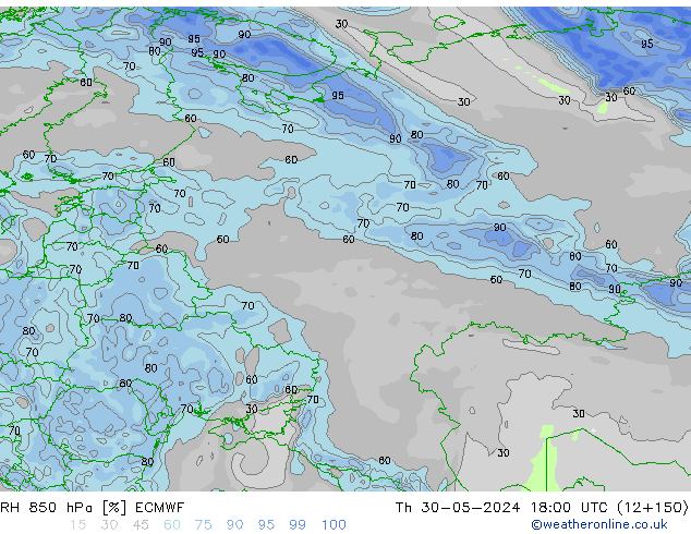 RH 850 hPa ECMWF czw. 30.05.2024 18 UTC