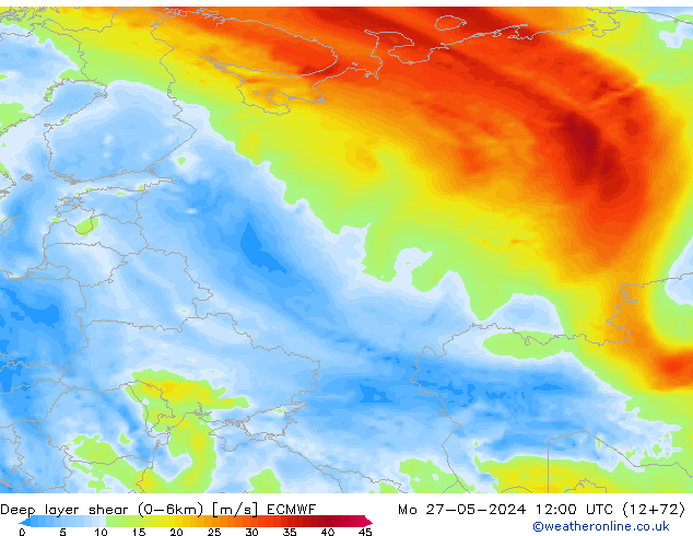 Deep layer shear (0-6km) ECMWF Pzt 27.05.2024 12 UTC