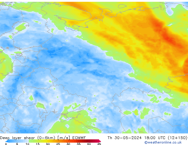 Deep layer shear (0-6km) ECMWF do 30.05.2024 18 UTC