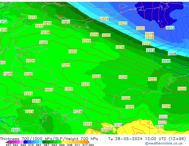 Thck 700-1000 hPa ECMWF mar 28.05.2024 12 UTC