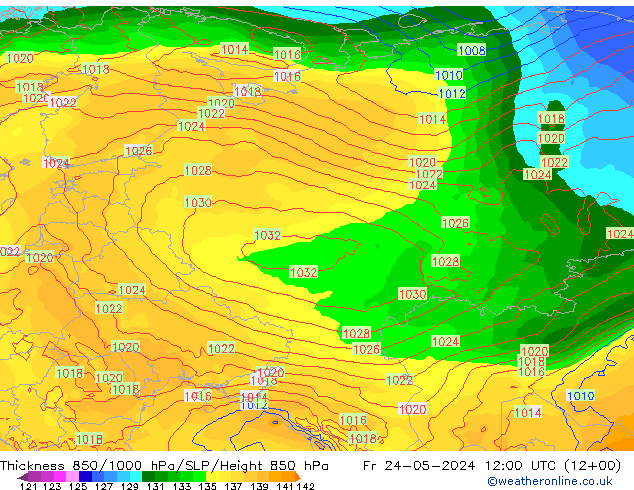 Thck 850-1000 hPa ECMWF pt. 24.05.2024 12 UTC