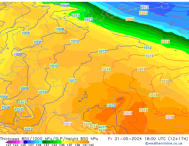 Dikte 850-1000 hPa ECMWF vr 31.05.2024 18 UTC