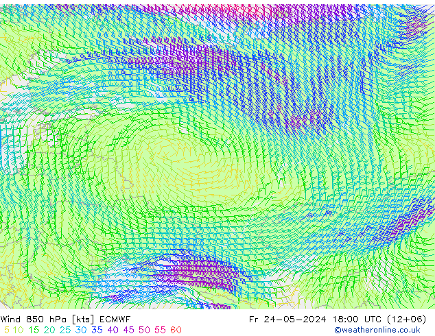 wiatr 850 hPa ECMWF pt. 24.05.2024 18 UTC
