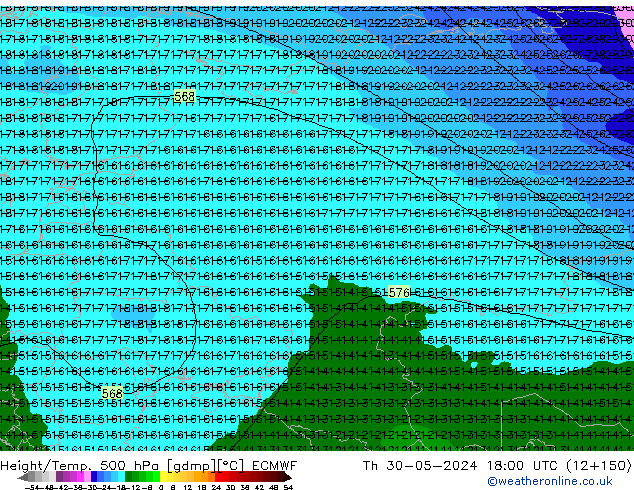 Z500/Rain (+SLP)/Z850 ECMWF Čt 30.05.2024 18 UTC