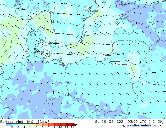 Surface wind (bft) ECMWF Su 26.05.2024 03 UTC