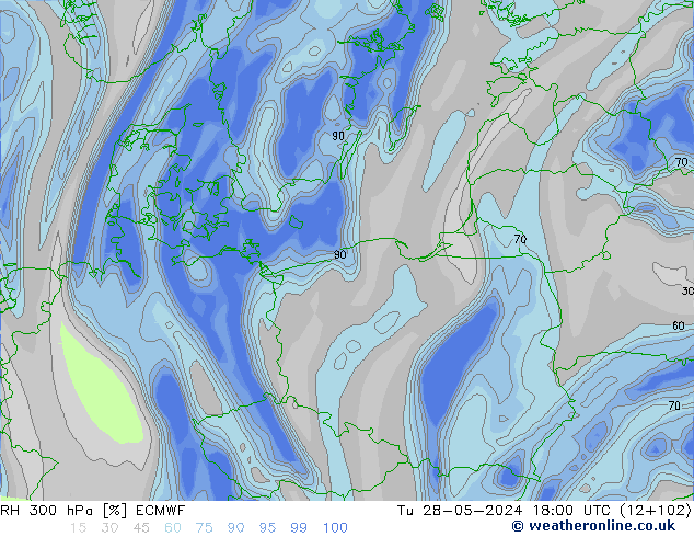 RH 300 hPa ECMWF mar 28.05.2024 18 UTC