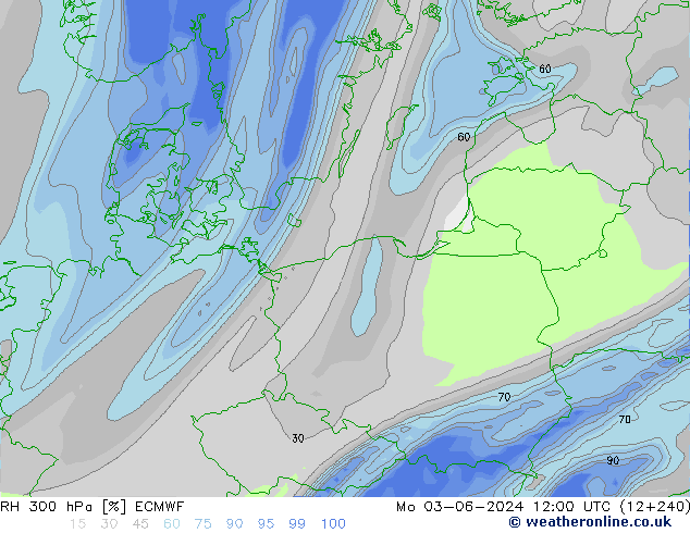 Humidité rel. 300 hPa ECMWF lun 03.06.2024 12 UTC