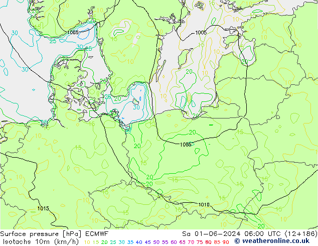 Isotachen (km/h) ECMWF za 01.06.2024 06 UTC