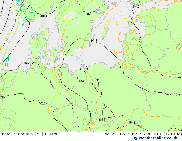 Theta-e 850hPa ECMWF wo 29.05.2024 00 UTC