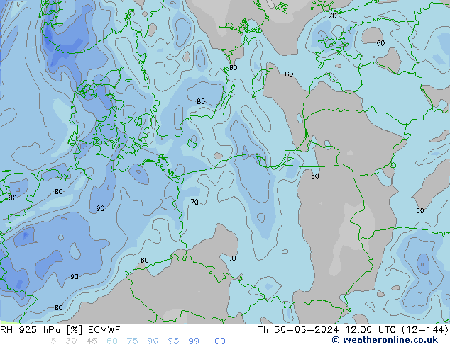 RH 925 hPa ECMWF Čt 30.05.2024 12 UTC