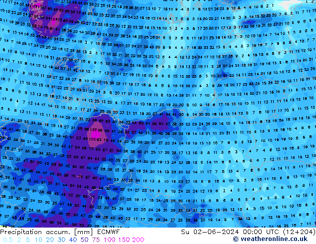 Precipitation accum. ECMWF Su 02.06.2024 00 UTC