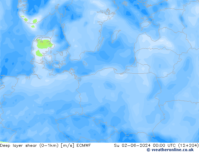 Deep layer shear (0-1km) ECMWF Dom 02.06.2024 00 UTC