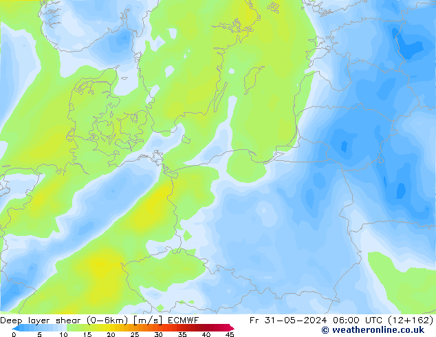 Deep layer shear (0-6km) ECMWF vie 31.05.2024 06 UTC