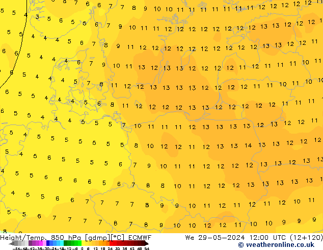 Height/Temp. 850 hPa ECMWF Qua 29.05.2024 12 UTC