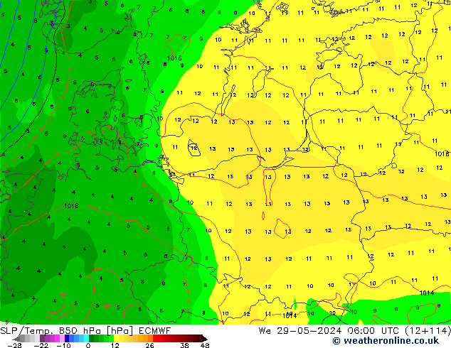 850 hPa Yer Bas./Sıc ECMWF Çar 29.05.2024 06 UTC