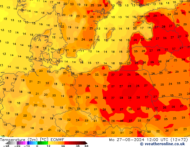 Temperature (2m) ECMWF Mo 27.05.2024 12 UTC