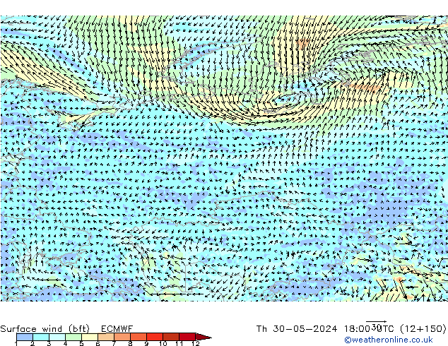 Surface wind (bft) ECMWF Th 30.05.2024 18 UTC