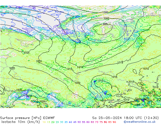 Eşrüzgar Hızları (km/sa) ECMWF Cts 25.05.2024 18 UTC