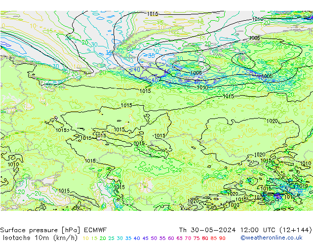 Isotachen (km/h) ECMWF Do 30.05.2024 12 UTC