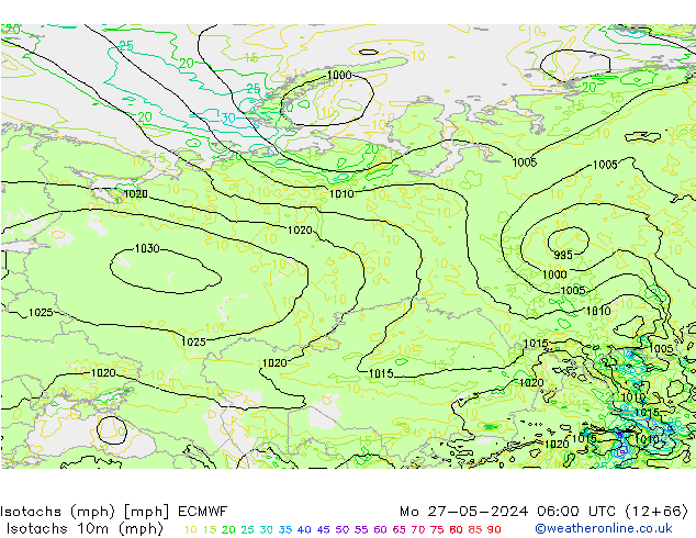 Isotachen (mph) ECMWF Mo 27.05.2024 06 UTC