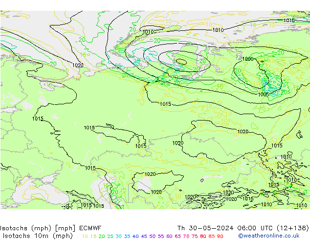 Isotachs (mph) ECMWF Th 30.05.2024 06 UTC