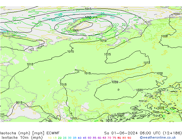 Isotachs (mph) ECMWF sab 01.06.2024 06 UTC