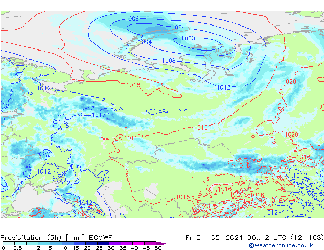 Z500/Rain (+SLP)/Z850 ECMWF Fr 31.05.2024 12 UTC