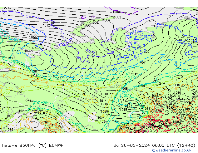 Theta-e 850hPa ECMWF zo 26.05.2024 06 UTC