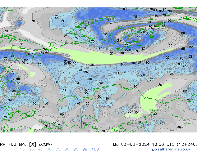 RH 700 hPa ECMWF pon. 03.06.2024 12 UTC