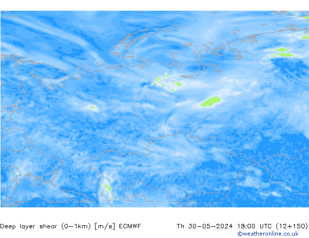 Deep layer shear (0-1km) ECMWF czw. 30.05.2024 18 UTC