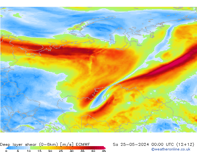 Deep layer shear (0-6km) ECMWF Cts 25.05.2024 00 UTC