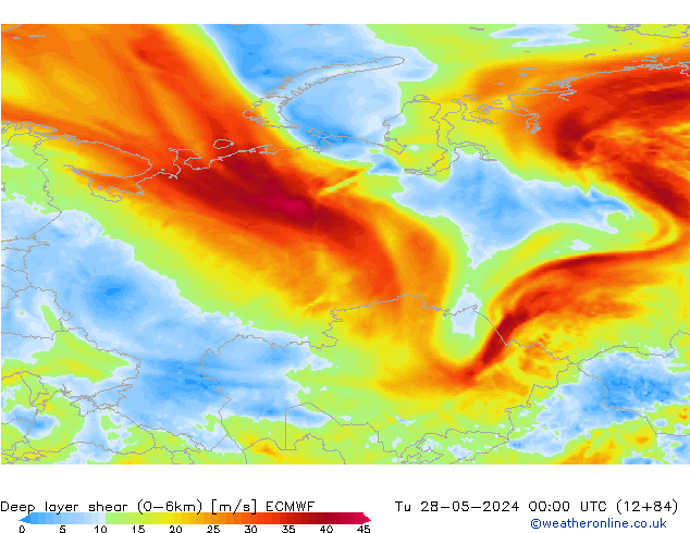 Deep layer shear (0-6km) ECMWF mar 28.05.2024 00 UTC