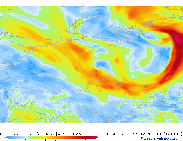 Deep layer shear (0-6km) ECMWF Čt 30.05.2024 12 UTC