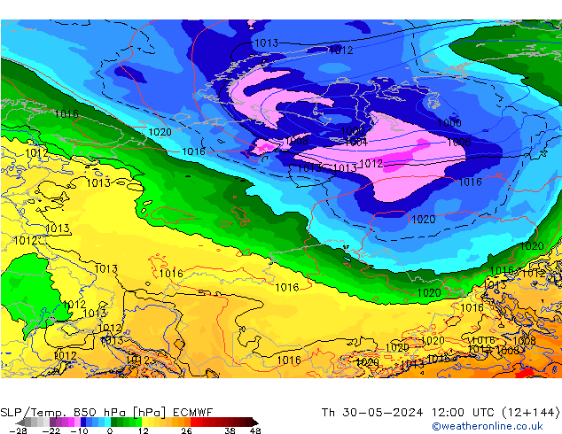 SLP/Temp. 850 hPa ECMWF czw. 30.05.2024 12 UTC