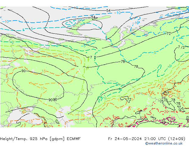 Height/Temp. 925 hPa ECMWF Fr 24.05.2024 21 UTC