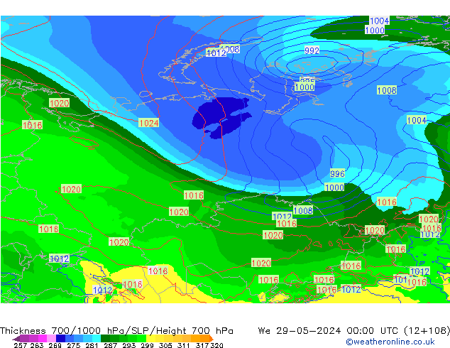 Espesor 700-1000 hPa ECMWF mié 29.05.2024 00 UTC