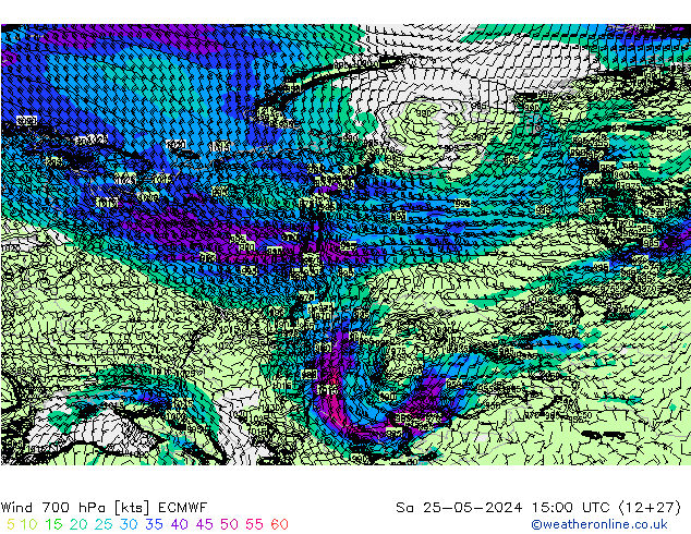 Viento 700 hPa ECMWF sáb 25.05.2024 15 UTC