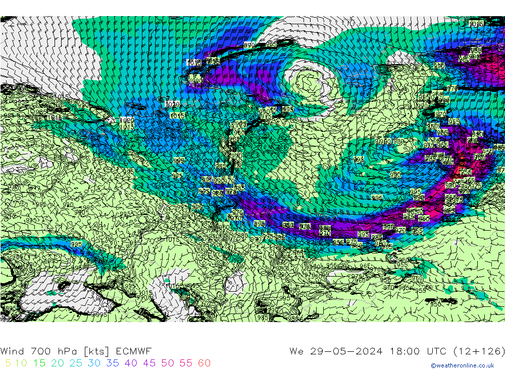 Vent 700 hPa ECMWF mer 29.05.2024 18 UTC