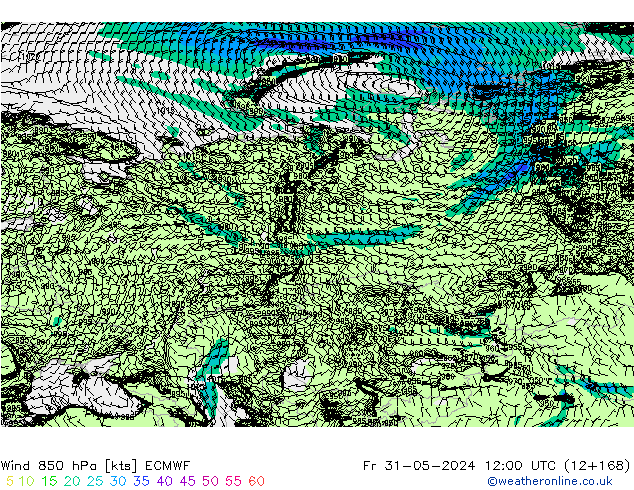 ветер 850 гПа ECMWF пт 31.05.2024 12 UTC