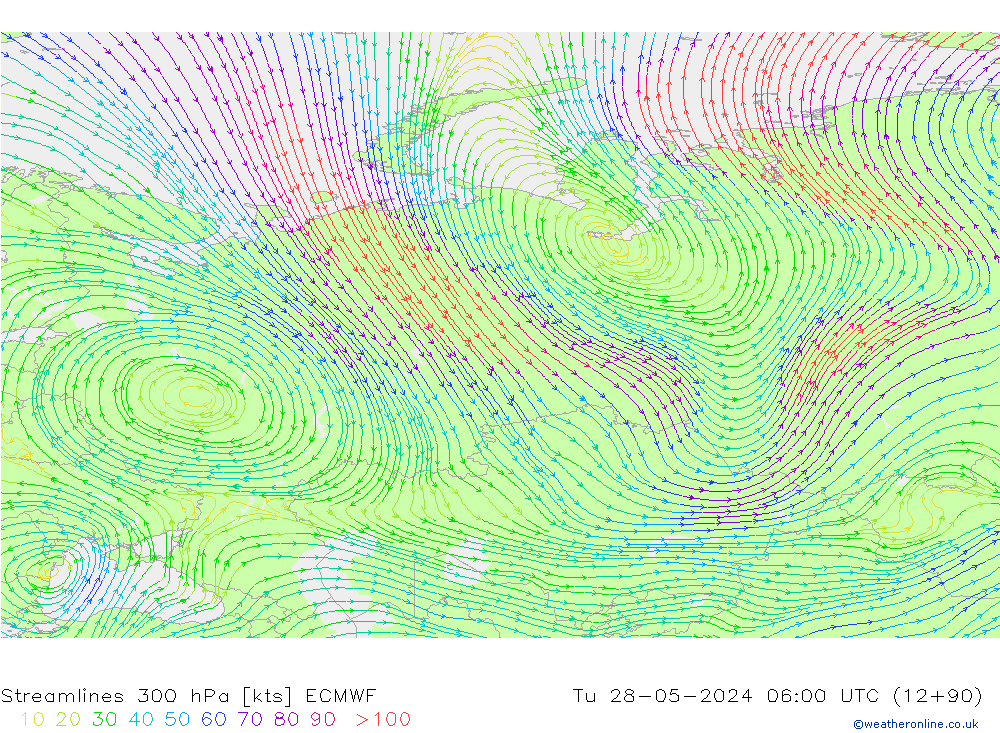Linha de corrente 300 hPa ECMWF Ter 28.05.2024 06 UTC