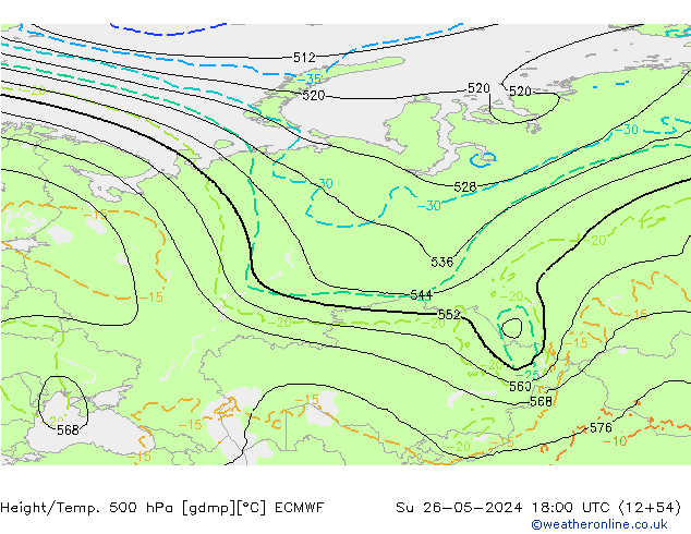 Z500/Rain (+SLP)/Z850 ECMWF Dom 26.05.2024 18 UTC