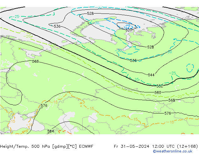 Z500/Rain (+SLP)/Z850 ECMWF Fr 31.05.2024 12 UTC