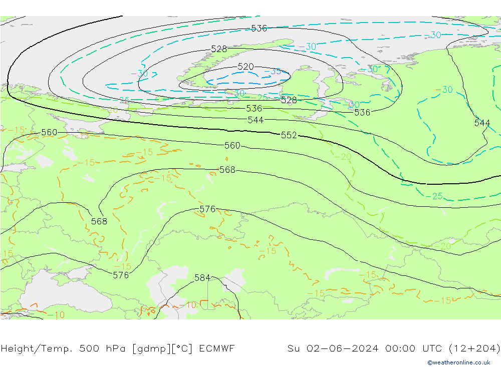 Z500/Yağmur (+YB)/Z850 ECMWF Paz 02.06.2024 00 UTC