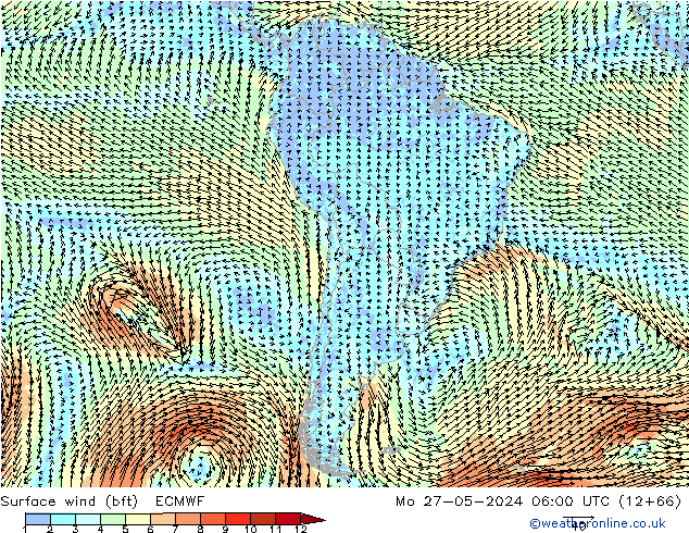 Wind 10 m (bft) ECMWF ma 27.05.2024 06 UTC